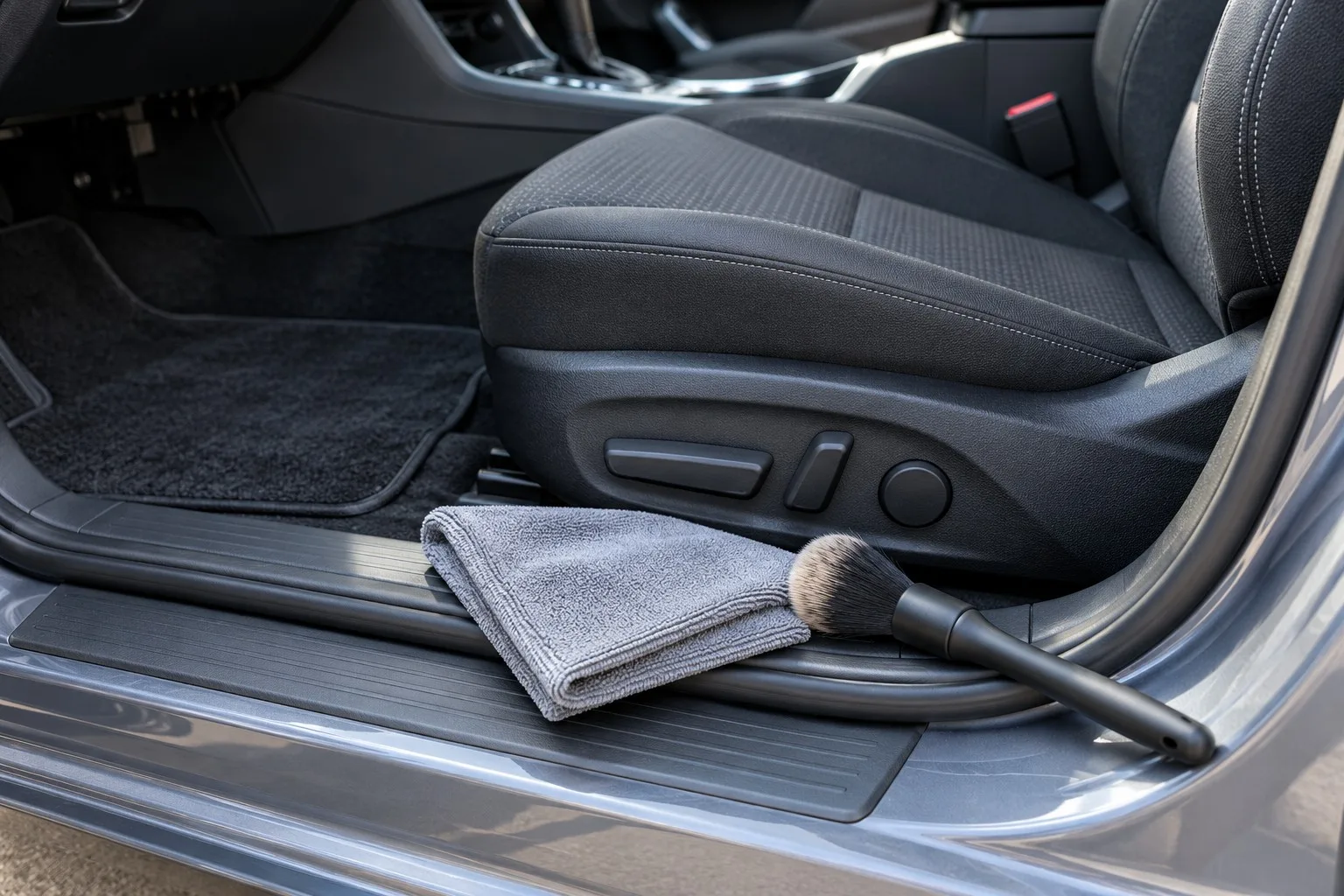 Sauberer Fahrzeugsitz und Türschwelle mit Mikrofasertuch und Pflegebürste.